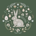 Folk Easter illustration with floral motifs, eggs and Easter bunny.